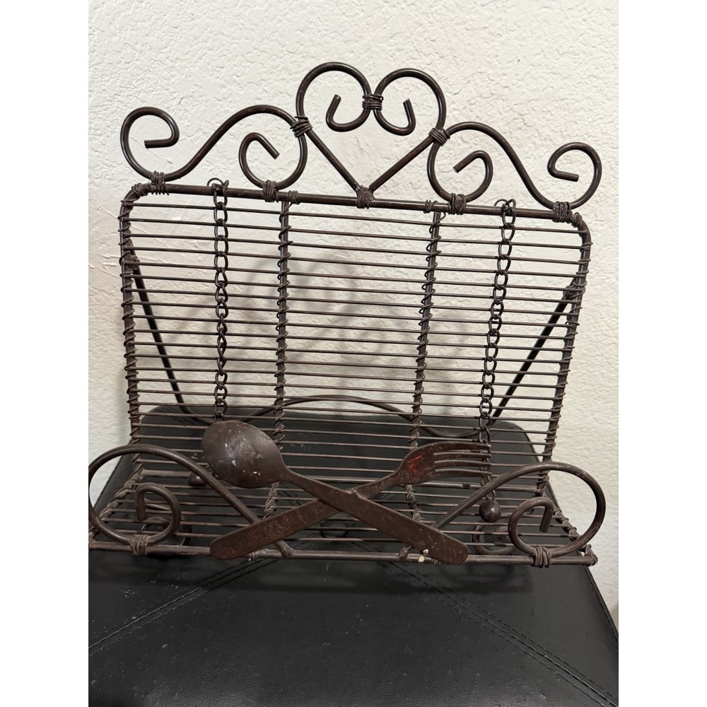 Vintage brown metal kitchen cookbook stand, spoon, fork, decor